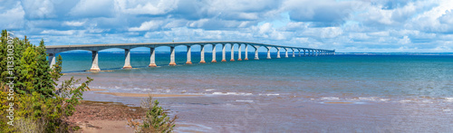 A panorama view along the side of the Confederation bridge, Prince Edward Island, Canada in the fall
