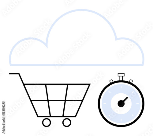 Cloud outline above a shopping cart and stopwatch. Ideal for tech, e-commerce, logistics, cloud computing, speed, online shopping, digital transformation. Line metaphor