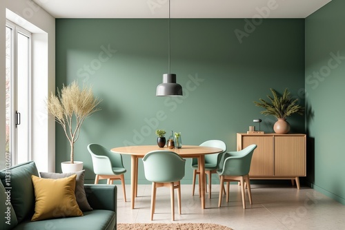 Modern Green Dining Room with Wooden Table, Comfortable Chairs, and Natural Decor Perfect for Cozy Meals and Gatherings