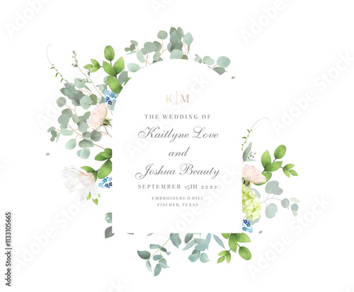 Light pink rose, green hydrangea, eucalyptus, greenery, forget me not flowers vector design frame. Wedding seasonal flower card. Floral watercolor round arch banner composition. Isolated and editable