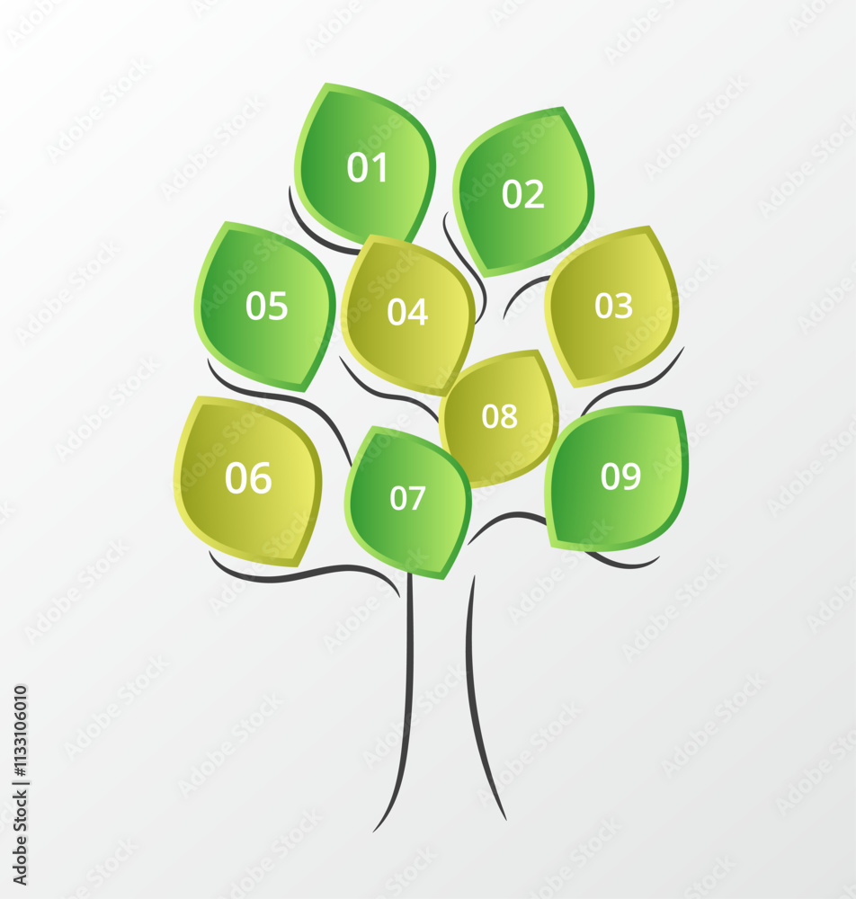 Step by step infographic template with 9 options, parts or processes. Tree concept.