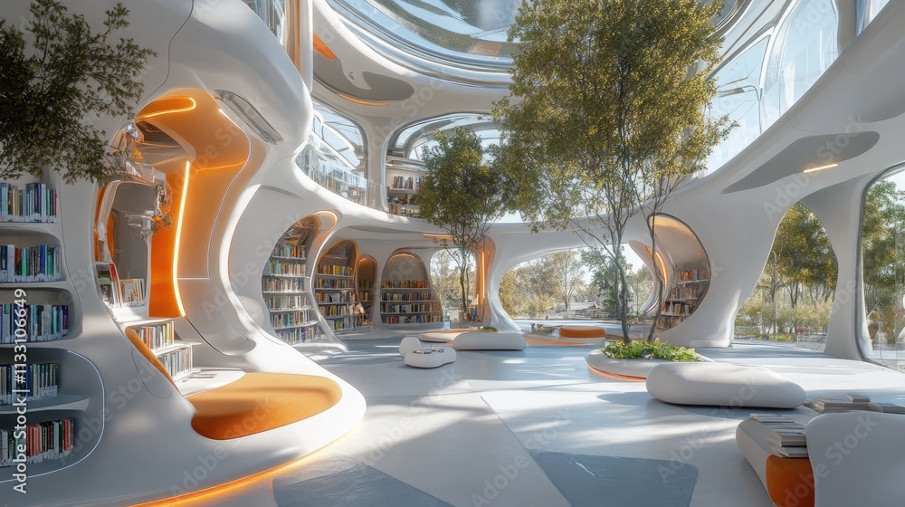 Fototapeta premium A futuristic library with a blend of physical books and AR-enhanced spaces