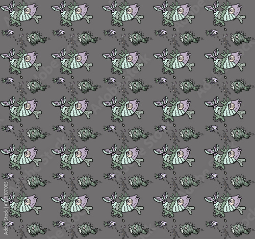 Seamless pattern with funny cartoon fish characters