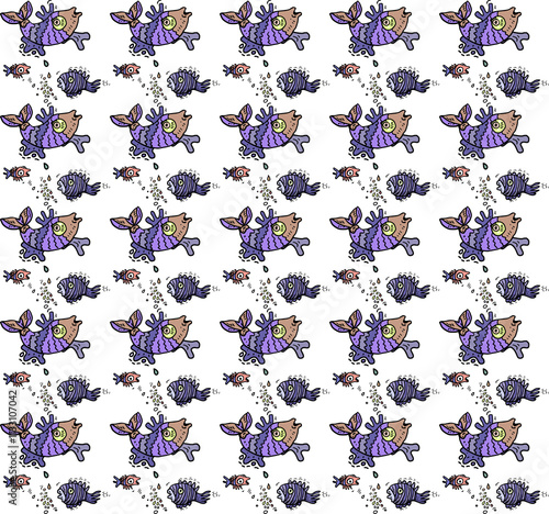 Seamless pattern with funny cartoon fish characters