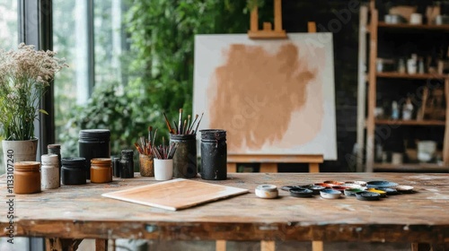 An artist's studio filled with brushes and paints, ready for creative expression. The blank canvas symbolizes unlimited potential and artistic freedom. photo