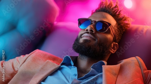 A fashionable man with sunglasses relaxes in a vibrant setting, illuminated by colorful lights, embodying style and modern leisure in a calm and confident way. photo