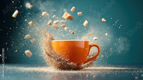 An orange coffee mug shatters releasing swirling debris around it, elegantly conveying a sense of disruption and movement frozen in a suspended animation. photo