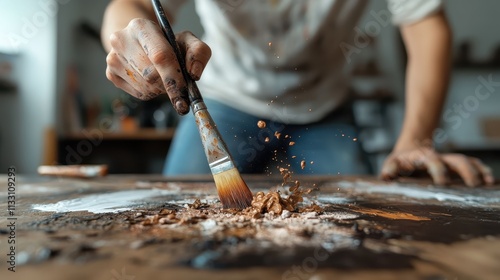 An artist energetically applying paint with a brush, capturing the dynamic action of creating a textured masterpiece in a busy studio environment. photo