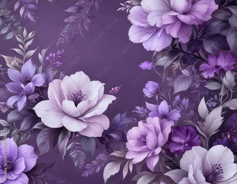 Obraz premium Elegant hand painted floral design in shades of purple, pastel, leaves