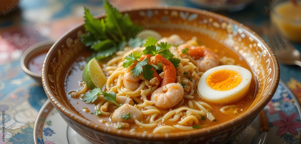 Delicately Presented Bowl of Laksa with Coconut Broth, Chicken, and Shrimp Created with Generative AI Delicately Presented Bowl of Laksa with Coconut Broth, Chicken, and Shrimp Created with Generative AI