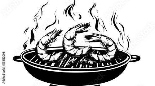 Whole shrimp grilling on a barbecue with coals and smoke underneath, Culinary Vector Graphic