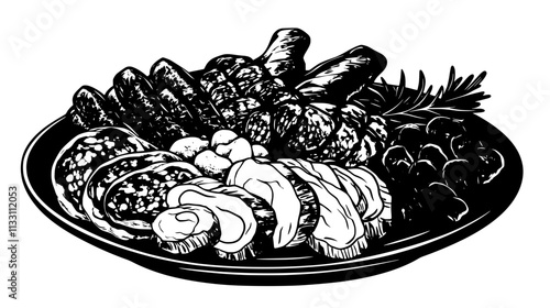 Assortment of cured meats positioned symmetrically on a large dish, Culinary Vector Graphic