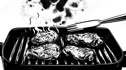 Chicken thighs being flipped on a barbecue grill with smoke rising, Culinary Vector Graphic