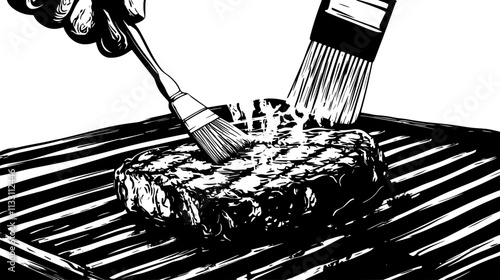 Close-up of filet mignon being basted on a grill with a brush, Culinary Vector Graphic