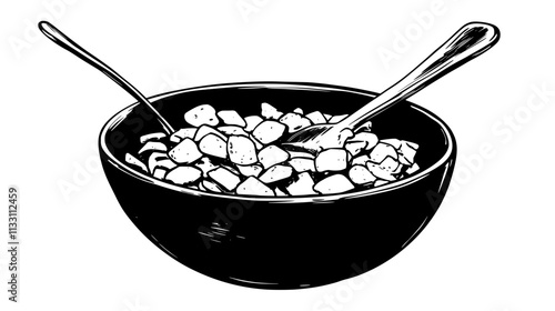 Close-up of cereal pieces inside a bowl with a spoon resting on the edge, Culinary Vector Graphic