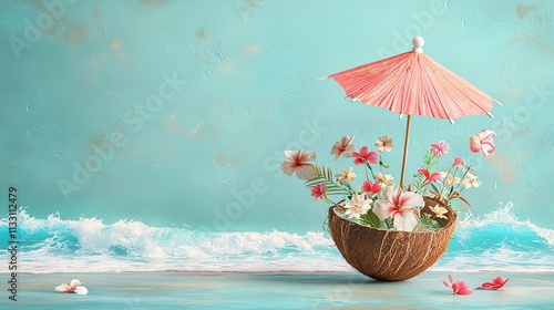 Wallpaper Mural Tropical floral arrangement in coconut bowl beachside setting artistry serenity close-up Torontodigital.ca