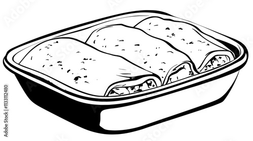Close-up of enchiladas showing the texture of the tortillas and sauce, served on a plain dish, Culinary Vector Graphic