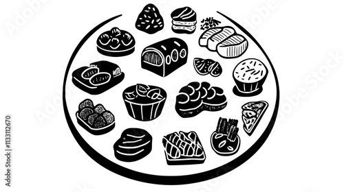 Collection of different finger foods carefully arranged on round dish, Culinary Vector Graphic