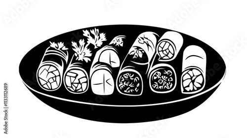 Spring rolls symmetrically placed on a large, round dish, Culinary Vector Graphic