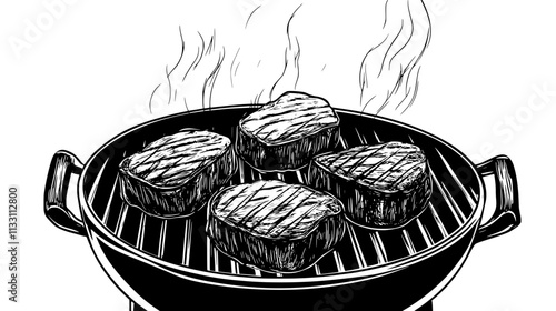 Filet mignon cooking on a hot grill with smoke rising, Culinary Vector Graphic