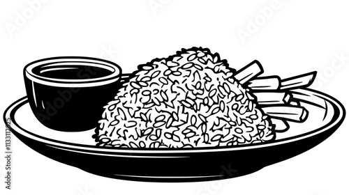 Fried rice on a plate with vegetables and a small dipping sauce, Culinary Vector Graphic