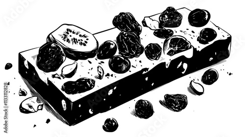 Fruit and nut bar broken into pieces, revealing dried fruits and nuts, Culinary Vector Graphic