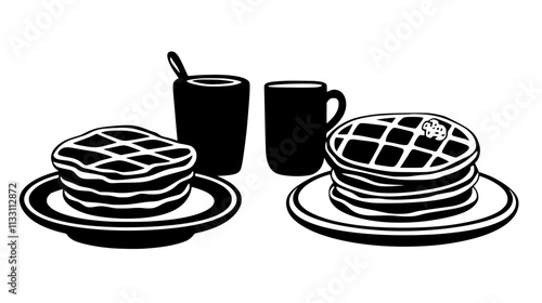 Gluten-free breakfast setup with pancakes and waffles on separate dishes, Culinary Vector Graphic