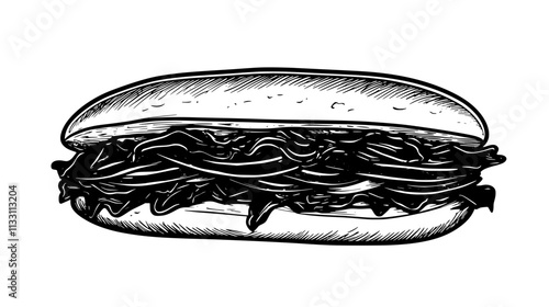 Overhead view of Italian sub sandwich with visible layers of deli meat and vegetables, Culinary Vector Graphic