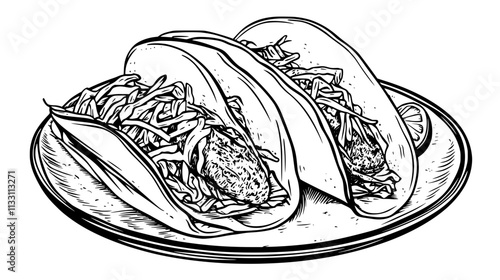 Pair of fish tacos on a dish with slaw and fresh lime, Culinary Vector Graphic