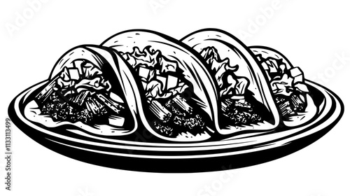 Plate with hard shell tacos, each containing seasoned meat, lettuce, and tomatoes, Culinary Vector Graphic