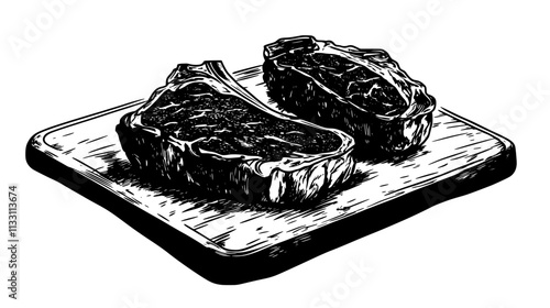 Ribeye steak partially sliced on a cutting board, with the rest beside it, Culinary Vector Graphic