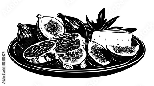 Prosciutto slices presented alongside cheese wedges and figs on a platter, Culinary Vector Graphic