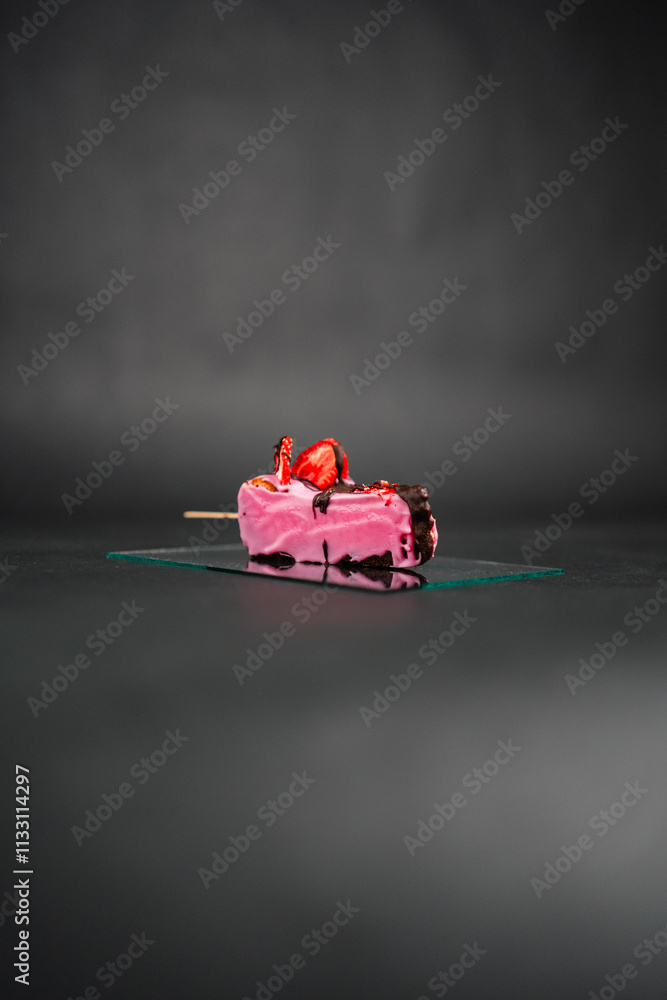 Naklejka premium Delicious Pink Dessert Decorated With Strawberries and Chocolate