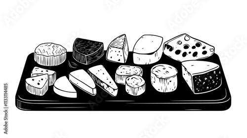 Assorted cheeses displayed neatly on a rectangular board, Culinary Vector Graphic