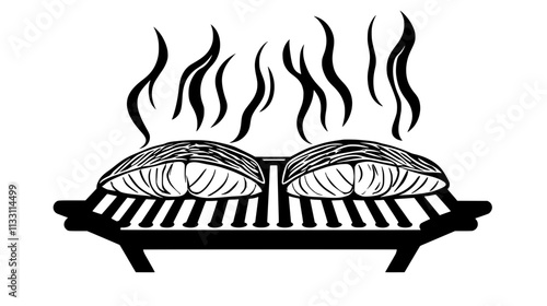 Two salmon fillets on a barbecue grill with rising smoke, Culinary Vector Graphic