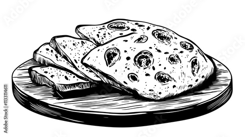 Whole focaccia loaf on wooden surface with slices next to it, Culinary Vector Graphic