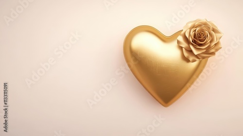 A golden heart-shaped decoration with a rose, symbolizing love and elegance against a soft background.