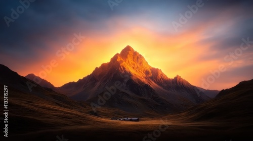 A dramatic sunrise casts vibrant hues over a sharp mountain peak, creating breathtaking views and a sense of isolation; the epitome of natural grandeur. photo