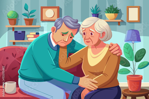Sad mature woman struggling with health problems or chronic pain, the loving man offers comfort and encouragement