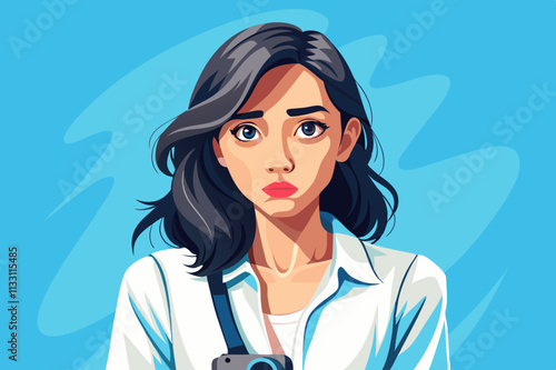 A sad and confused young woman, a striped head isolated on a pastel blue background.
