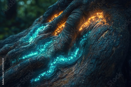 Glowing blue and orange lights illuminate the intricate texture of a large tree's roots in a dark forest. photo