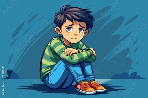 Young boy sitting alone with a sad feeling at school. discrimination and racism 