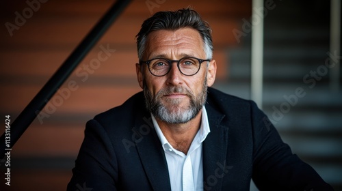 A confident man with a gentle demeanor and glasses poses for a professional portrait, capturing a sense of wisdom and quiet assurance against a blurred background. photo