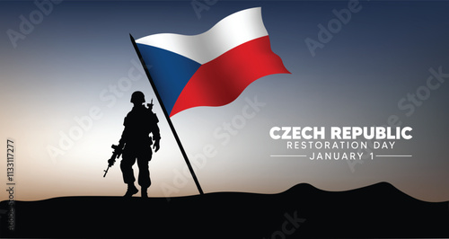 Czech Republic Restoration Day 1 January solider standing with waving flag vector poster