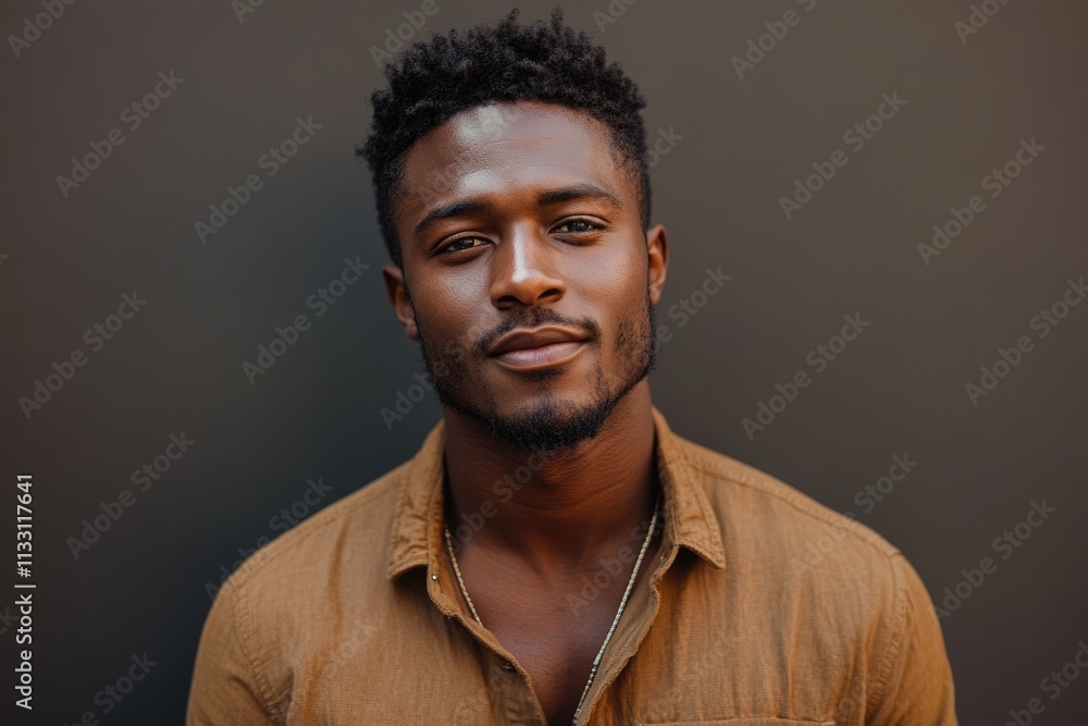 Fototapeta premium A young Black man with a short, textured hairstyle, wearing a brown shirt, gazes directly at the camera with a calm expression.