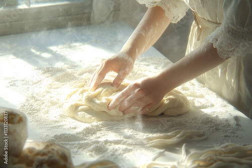 Hands kneading dough on a flour-dusted surface. photo