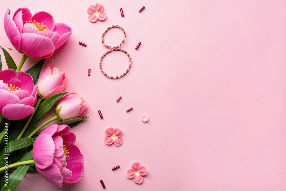 Celebrate Special Moments with Elegant Pink Tulips and Delicate Flower Decorations on a Soft Pink Background - Perfect for Greeting Cards, Invitations, and Social Media Posts Celebrate Special Moments with Elegant Pink Tulips and Delicate Flower Decorations on a Soft Pink Background - Perfect for Greeting Cards, Invitations, and Social Media Posts