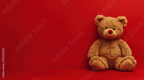 Cute Teddy Bear Sitting on Red Background in Soft Lighting