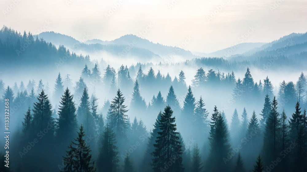 Obraz premium A misty forest landscape with layers of trees and mountain in the background.