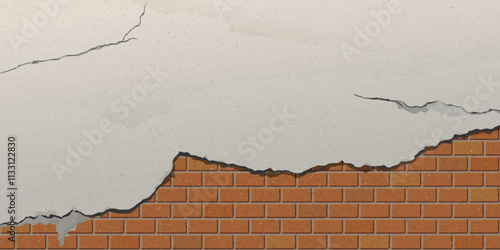The old cement wall has been plastered until the plaster has cracked and revealed the brick inside graphic illustration.